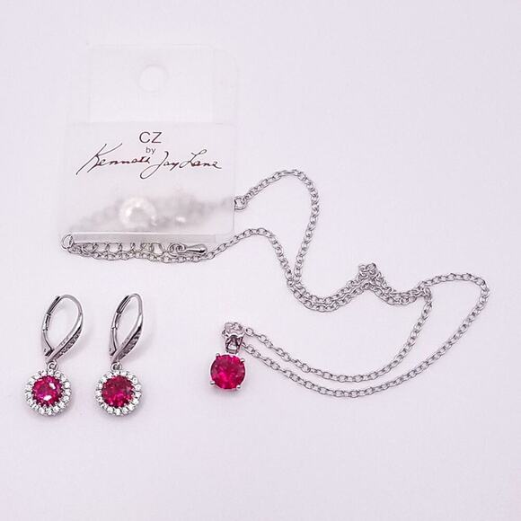 CZ By Kenneth Jay Lane Ruby Necklace and Drop Earring Set - Picture 5 of 11